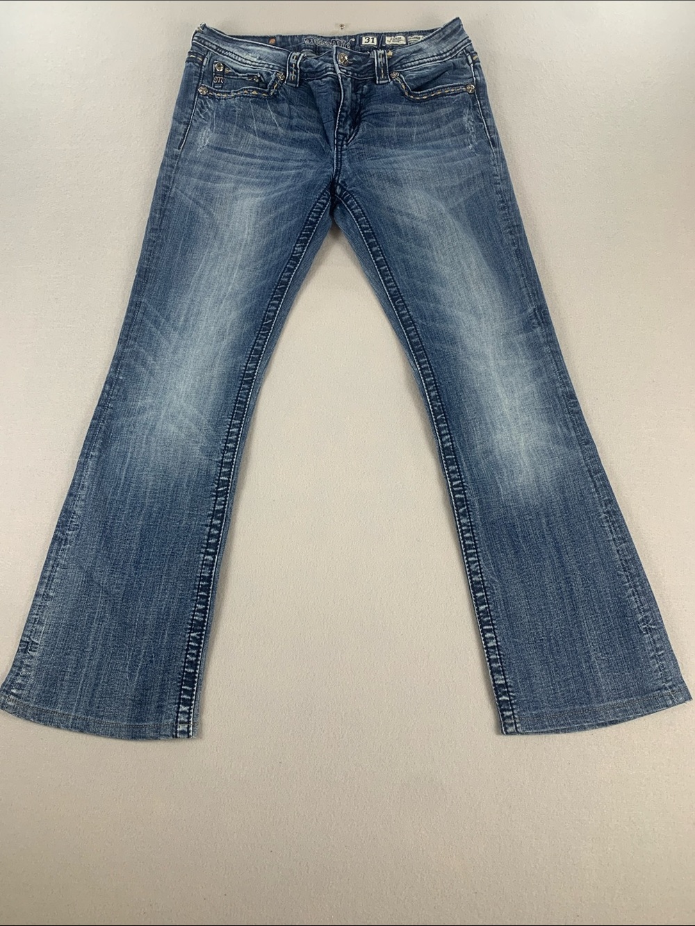 Miss Me Women's Embossed Cross Distressed Embellished Mid-Rise Bootcut Jeans